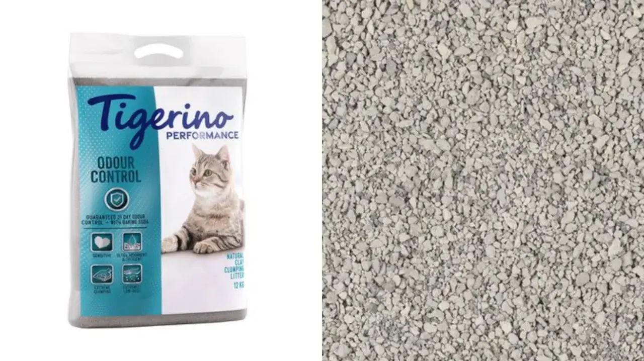 Bolsa de arena aglomerante Tigerino Odour Control, un ejemplo de tipos de arena para gatos, con su textura granular.
