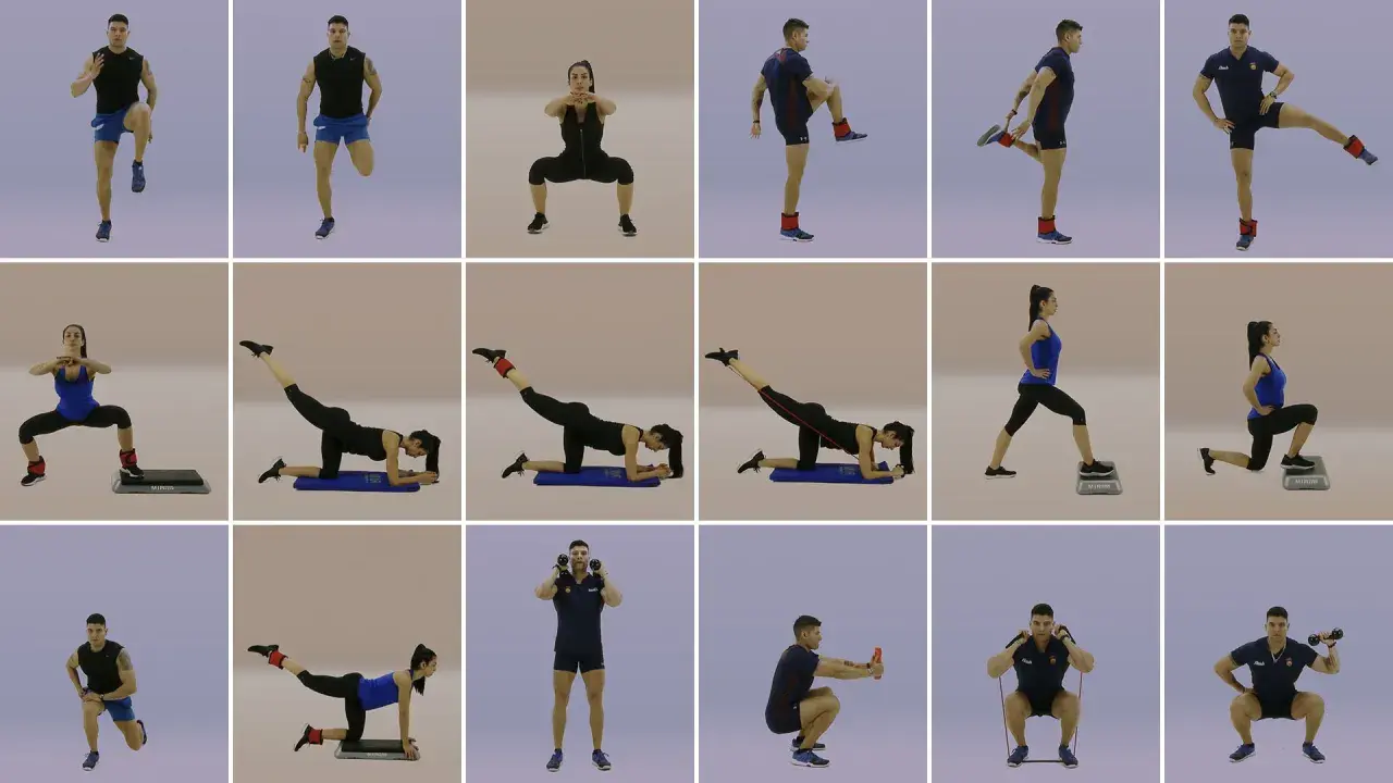Tabla de ejercicios glúteos y piernas: hombres y mujeres realizan sentadillas, zancadas, elevaciones de pierna y más, con pesas y bandas.
