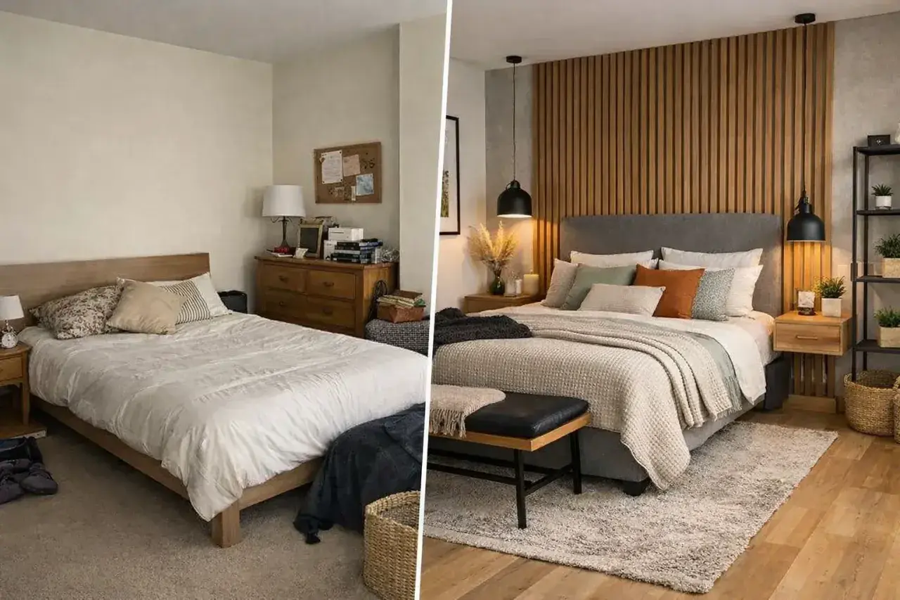 Un dormitorio antes y después de un cambio de look. La cama se ha transformado con un cabecero de madera y textiles acogedores.