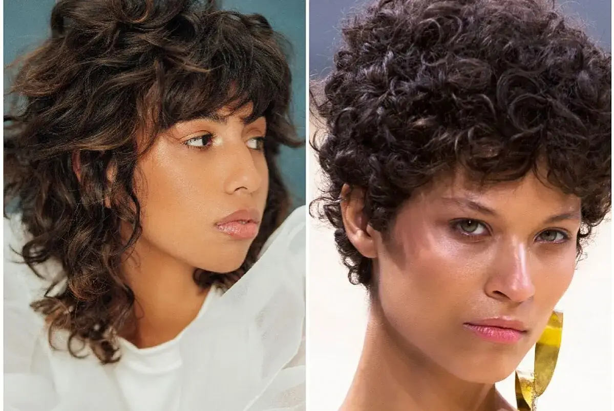 Dos mujeres con pelo corto rizado. La de la izquierda tiene un estilo más voluminoso y despeinado, mientras que la de la derecha luce un corte más definido y compacto.