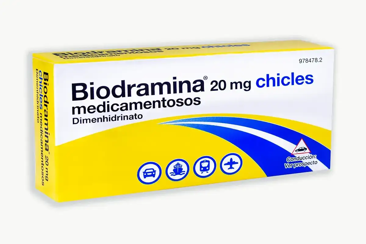 Caja de Biodramina 20 mg chicles, Dimenhidrinato. Ideal para viajes, ayuda a saber cuanto dura el efecto de la biodramina.