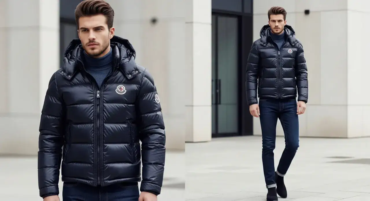 Hombre con chaqueta acolchada azul marino y vaqueros. La chaqueta Moncler, de donde es originaria, es un s&iacute;mbolo de estilo y calidad.