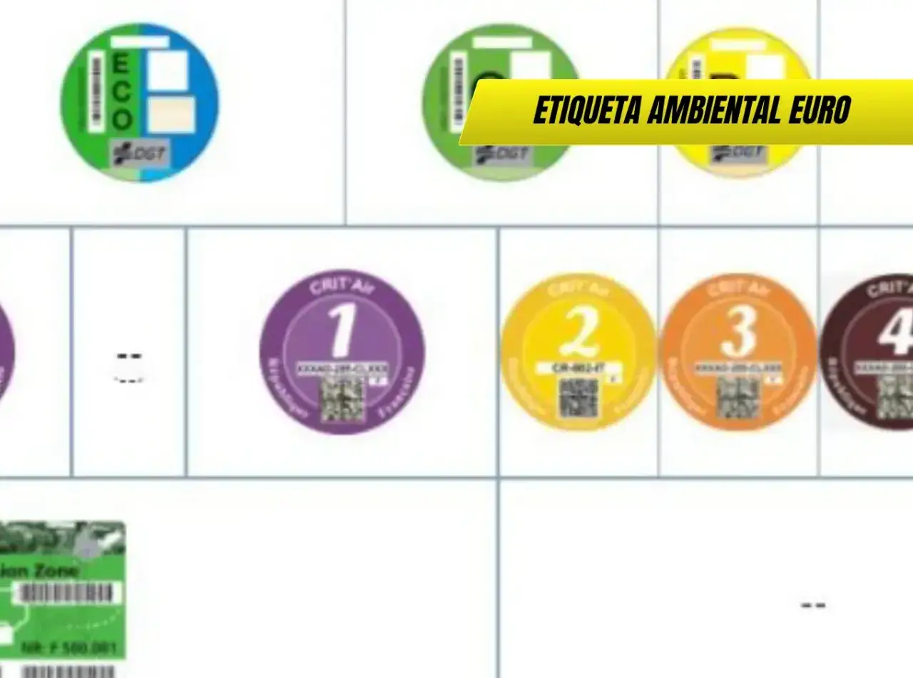 Pegatinas de clasificaci&oacute;n ambiental de veh&iacute;culos, incluyendo la etiqueta ECO y las de CRIT'Air 1, 2, 3 y 4, que se relacionan con la normativa Euro 7.