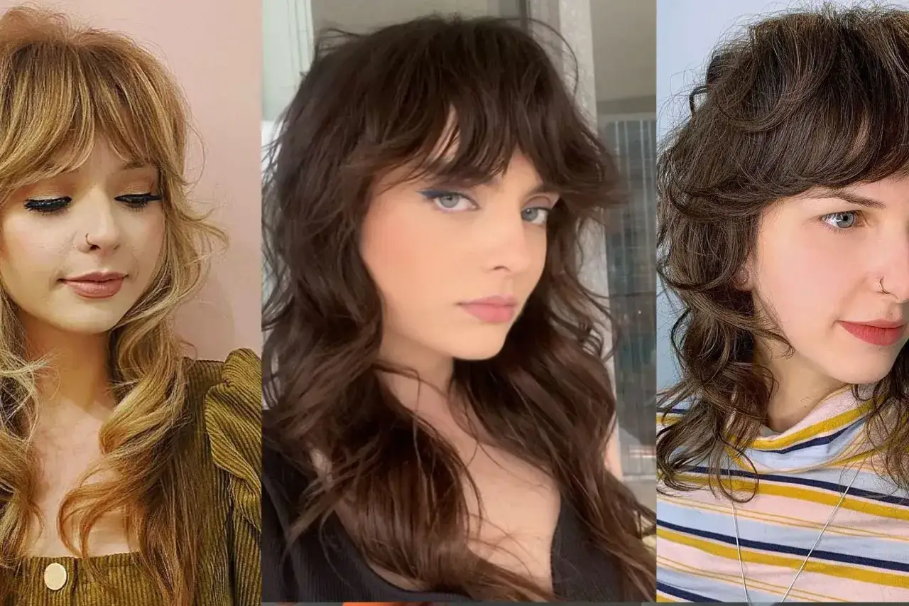 Tres mujeres lucen un corte shaggy ondulado con flequillo, mostrando diferentes tonos de cabello y estilos.