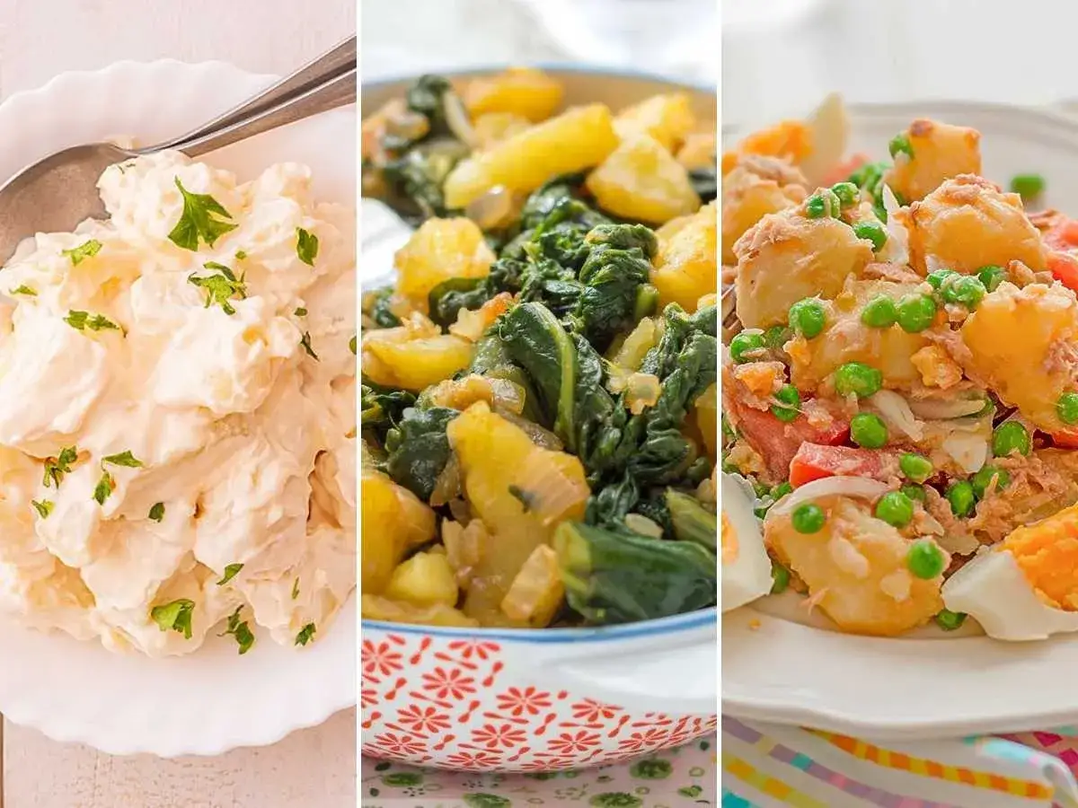 Tres ensaladas de patata: cremosa, con espinacas y la patata hervida engorda por la noche con at&uacute;n y huevo.