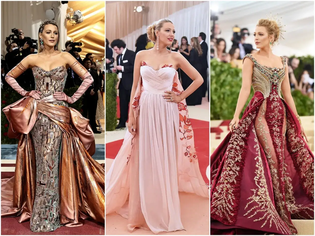 Blake Lively deslumbr&oacute; en el Met Gala con tres looks ic&oacute;nicos: uno met&aacute;lico con guantes, otro rosa et&eacute;reo con flores, y uno burdeos con intrincados bordados dorados.