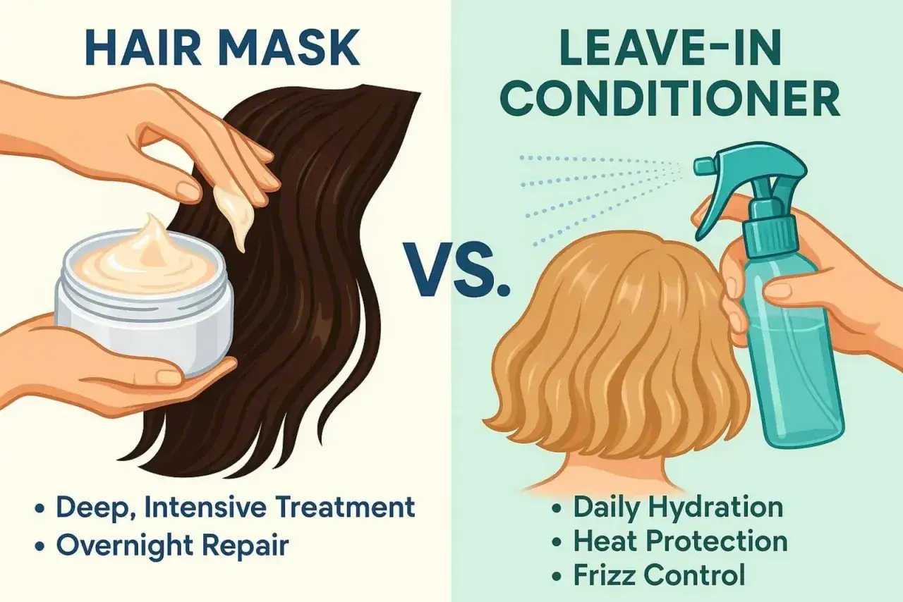 ¿Que va primero la mascarilla o el acondicionador? Imagen muestra aplicación de mascarilla en cabello oscuro y spray de acondicionador en rubio.