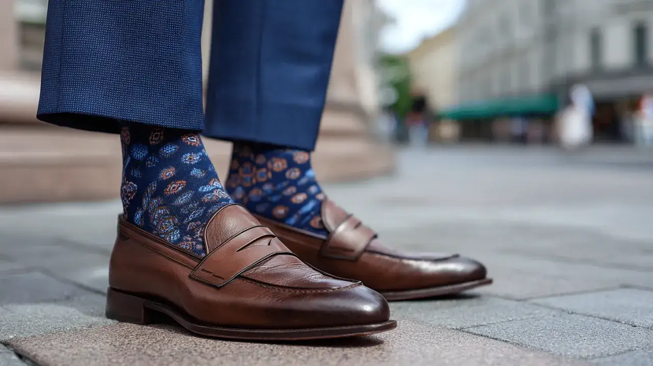 Elegantes mocasines marrones con calcetines de diseño azul y naranja. Un toque de estilo para pasear por la ciudad.
