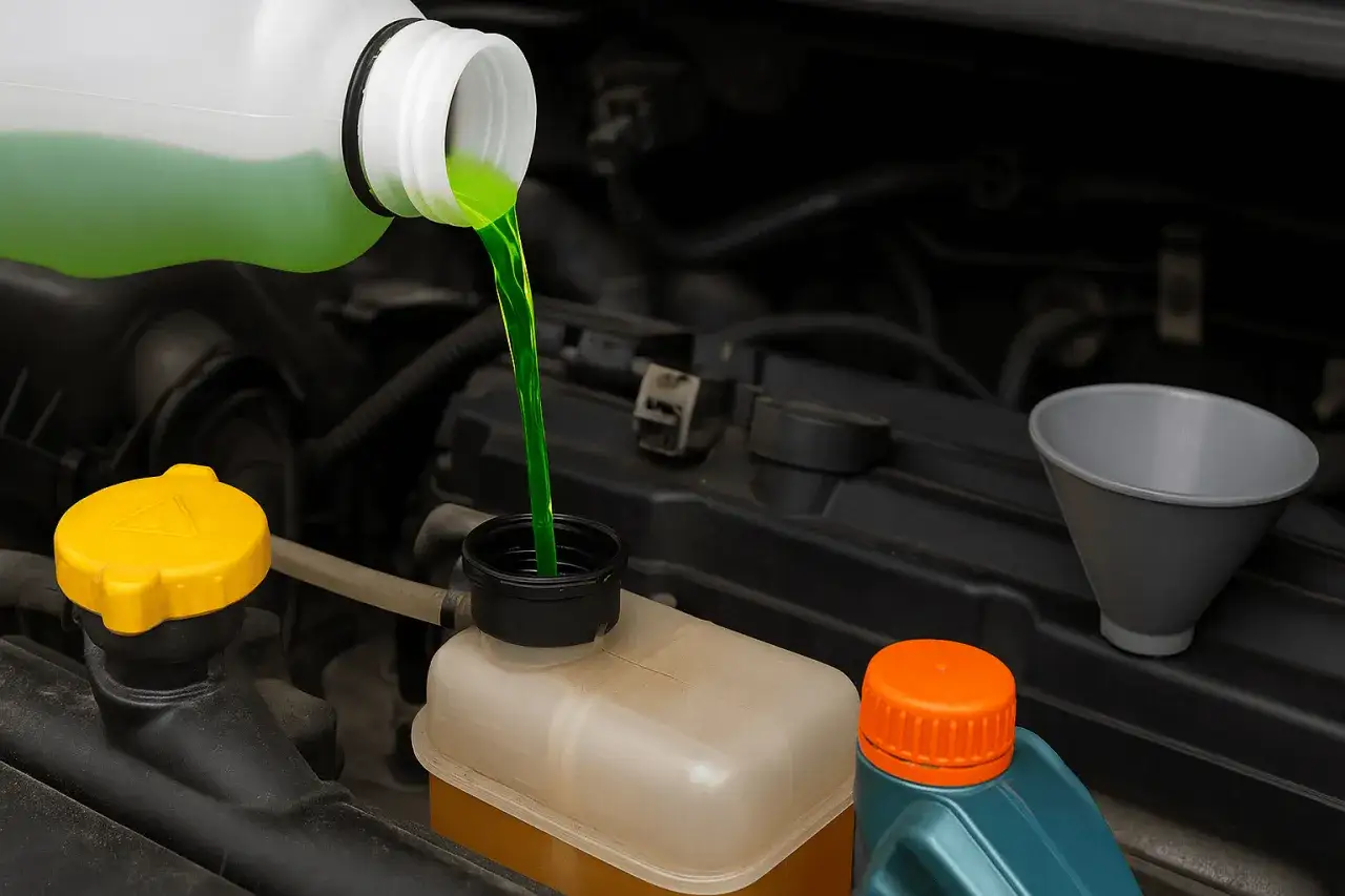 Vertiendo refrigerante verde en el depósito del radiador. Un paso clave para saber como limpiar radiador coche y mantenerlo en óptimas condiciones.