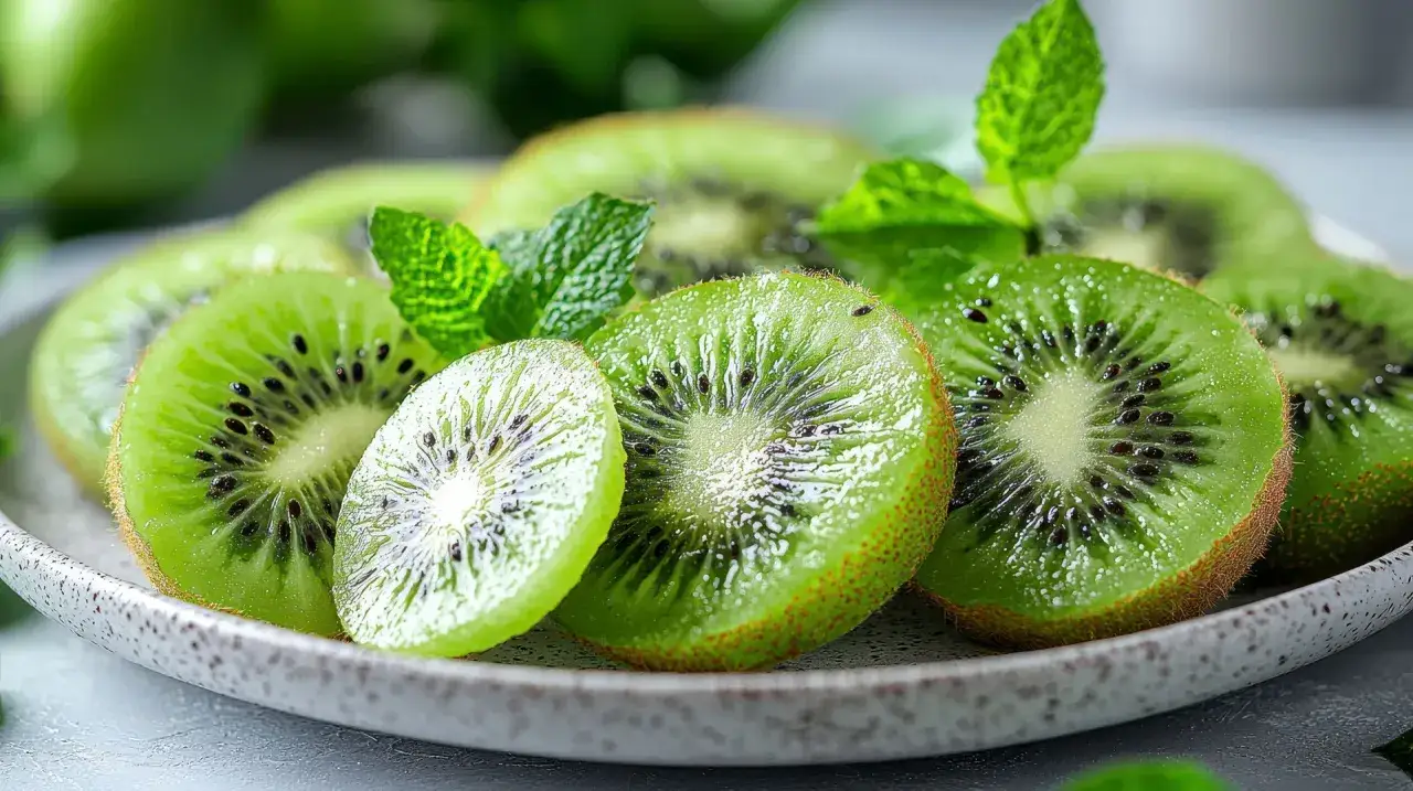 Rodajas de kiwi fresco y menta en un plato, como un postre perfecto para el kiwi por la noche.
