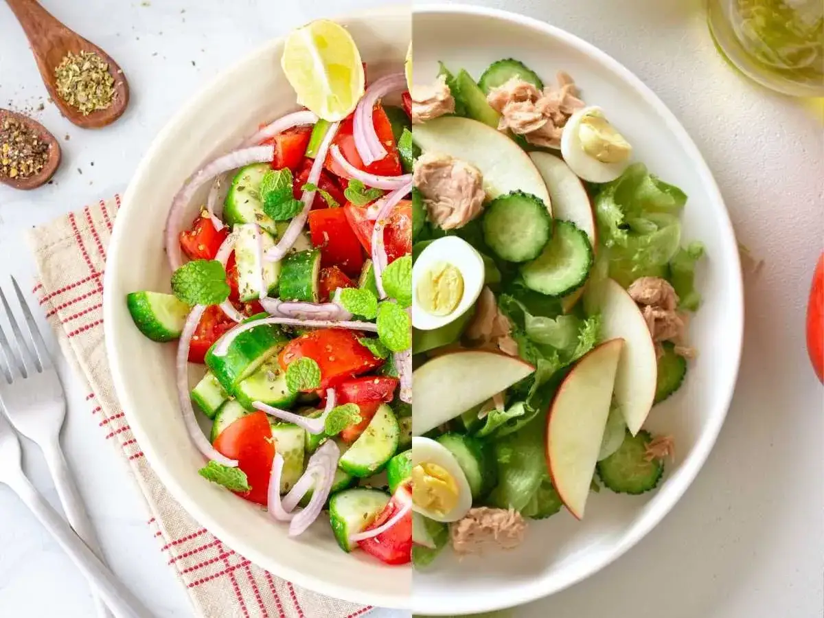 Ensalada fresca con pepino, tomate, cebolla y menta. A la derecha, otra con at&uacute;n, huevo y manzana. Es bueno comer pepino por la noche.