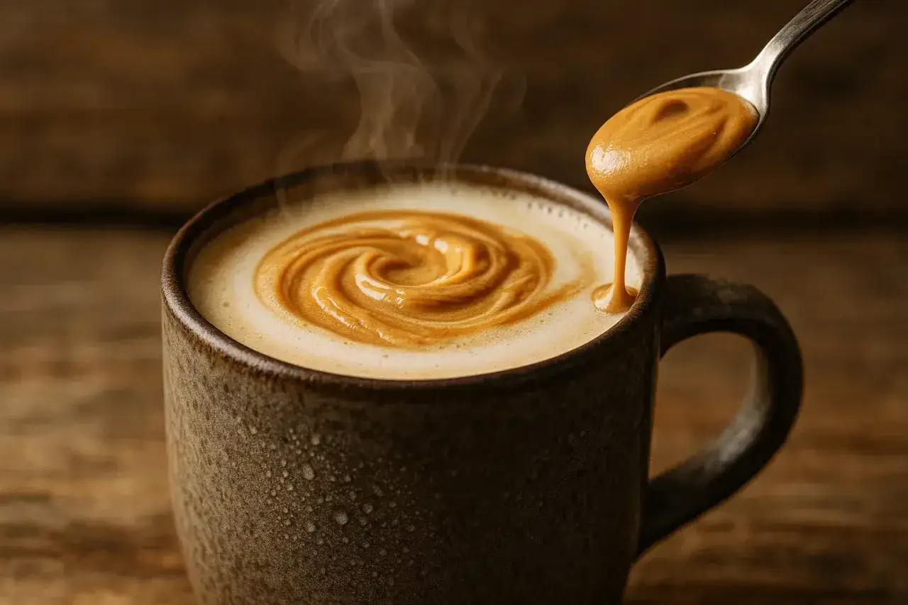 Una cuchara vierte una cremosa mezcla de caf&eacute; con mantequilla sobre un caf&eacute; humeante con un remolino de espuma.