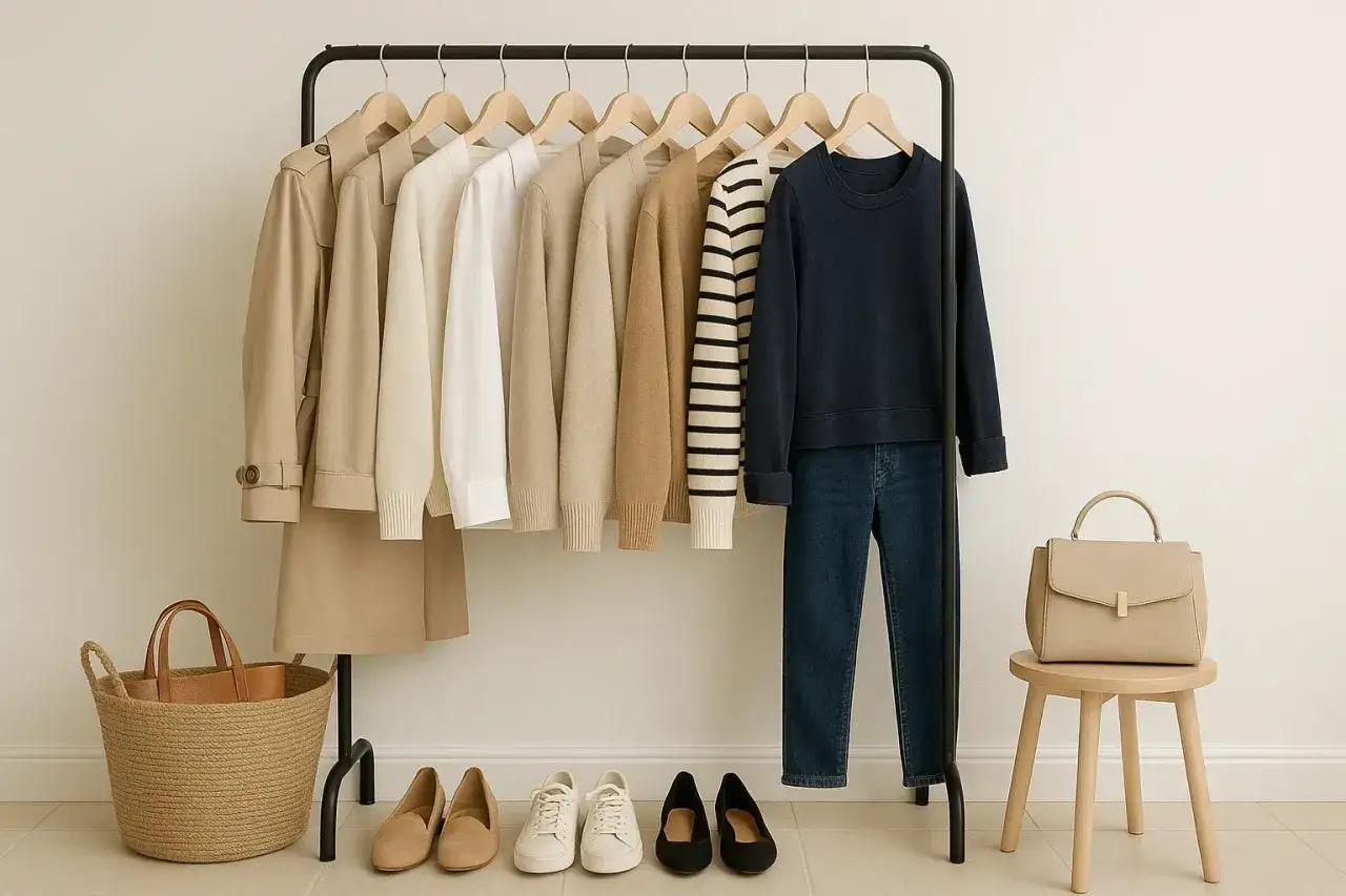 Un armario c&aacute;psula minimalista con prendas neutras, zapatos y accesorios.