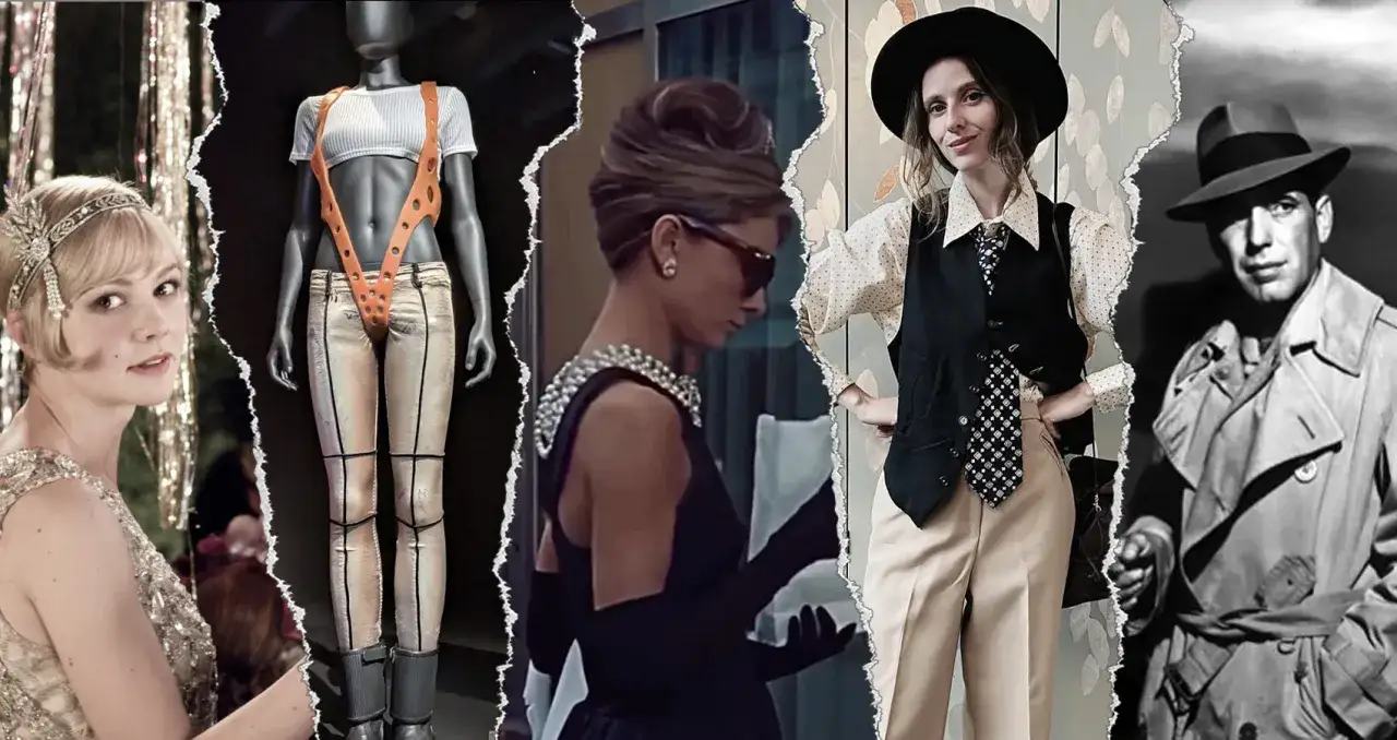 Un collage de estilos ic&oacute;nicos del cine: Gatsby, moda vanguardista, Audrey Hepburn y Humphrey Bogart. Un viaje por las peliculas de moda.