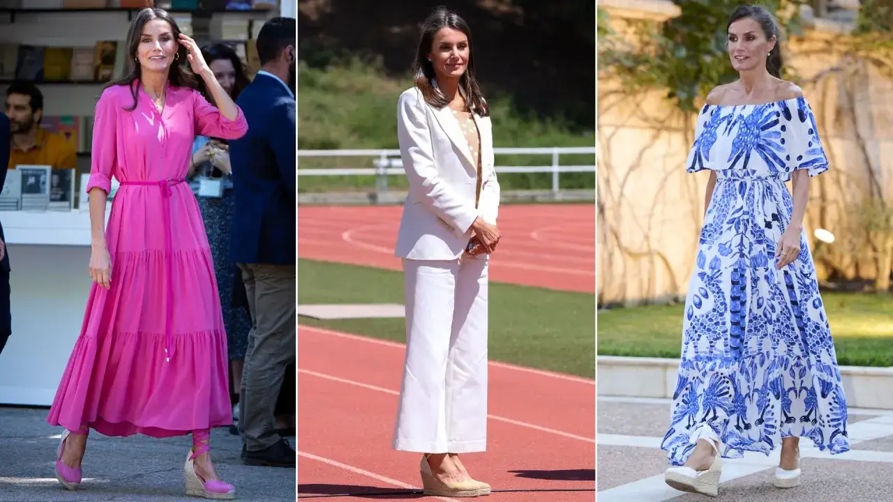Reina Letizia luce tres looks veraniegos, destacando sus alpargatas en cada uno.
