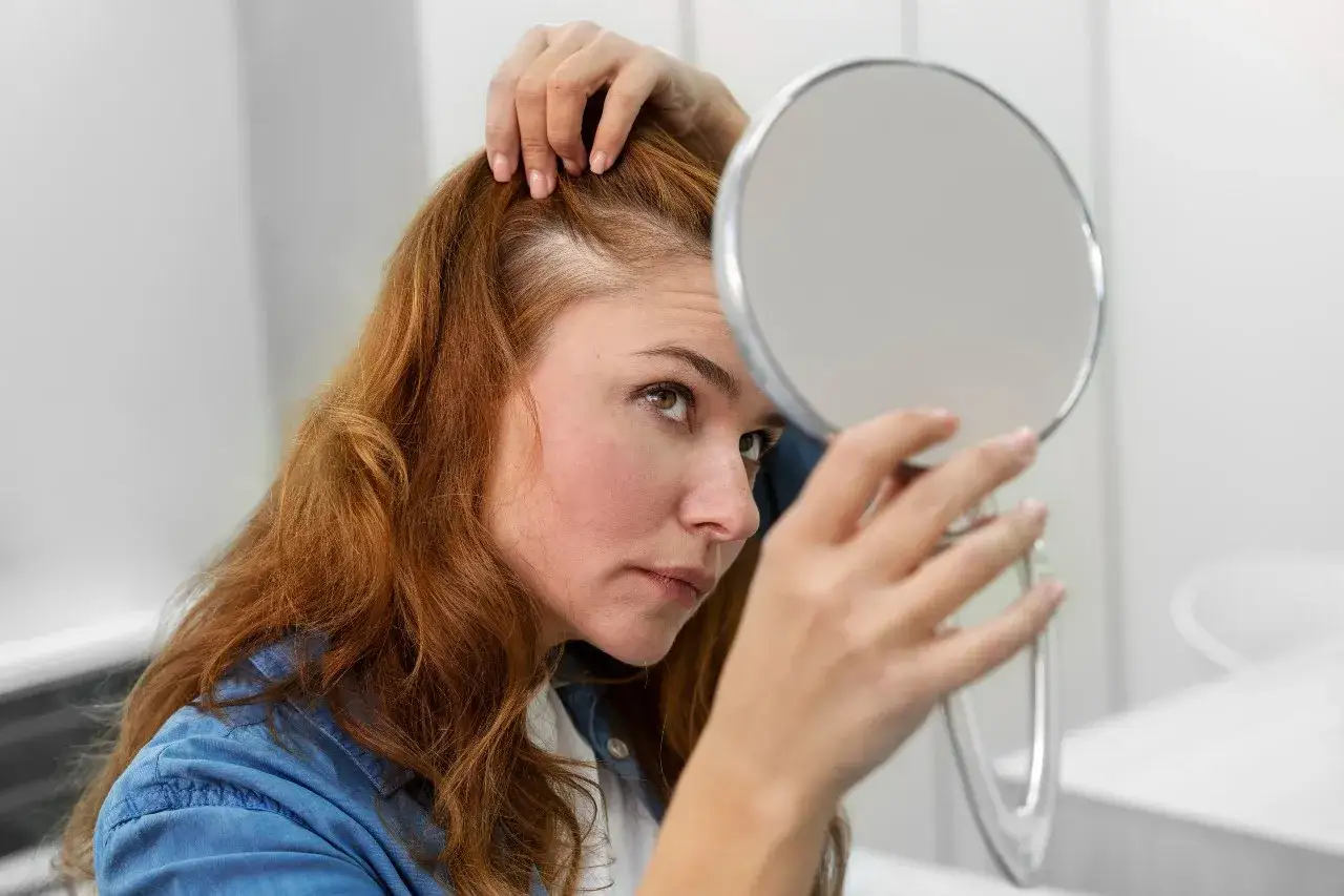 Mujer pelirroja revisa su cabello en un espejo, preocupada por la ca&iacute;da. &iquest;En qu&eacute; &eacute;poca se cae m&aacute;s el pelo?