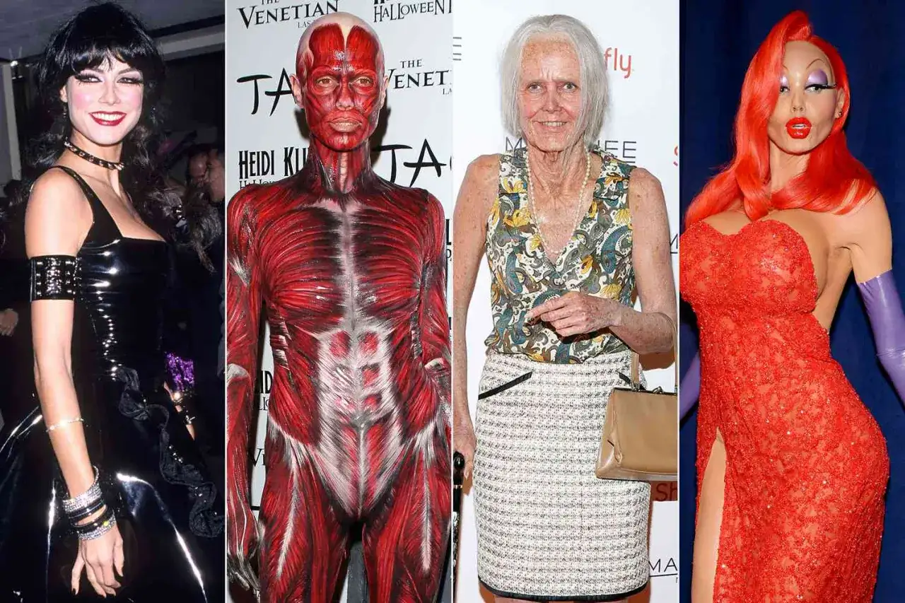 Un collage de disfraces ic&oacute;nicos de Heidi Klum para Halloween: un vestido de l&aacute;tex negro, un cuerpo de m&uacute;sculo rojo, una anciana y Jessica Rabbit.