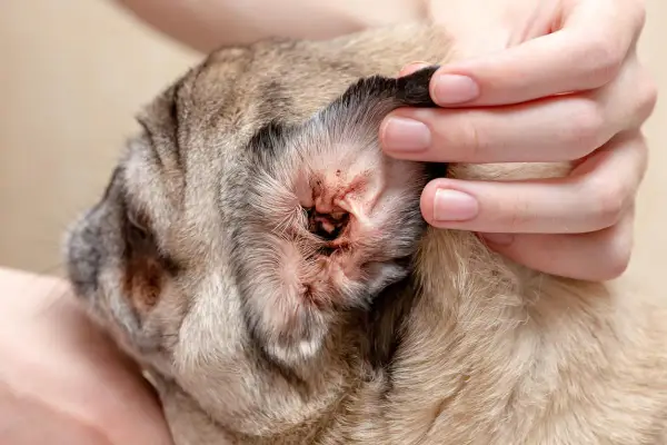 Mano revisa la oreja de un perro pug con signos de sarna, enrojecimiento e irritación.
